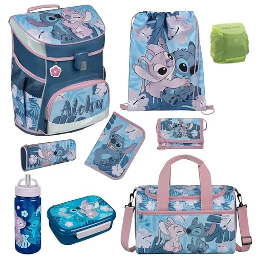 Familando Mädchen Schulranzen 1. Klasse - Scooli Campus Fit mit Disney Stitch - Ergonomischer und leichter Schulranzen (980g) im 9-teiligen Set mit Sporttasche, ideal für die Einschulung. Mit durchdachten Details wie gepolstertem Rücken und Fidlock Magnet-Schloss.