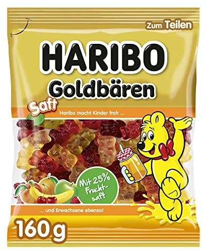 Haribo Saft Goldbären 160 g - Fruchtige Gummibärchen mit unverwechselbarem Geschmack, hergestellt aus hochwertigen Zutaten. Ideal für Naschkatzen und als süße Überraschung!
