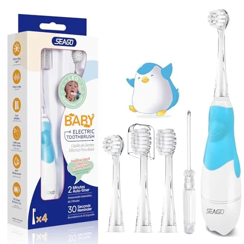 Seago SG-513 Elektrische Zahnbürste Kinder Baby Kinderzahnbürste Elektrisch ab 0-3 Jahre mit LED Licht Smart Timer Babyzahnbürste Wasserdicht IPX7 Schallzahnbürste (Baby Blau)