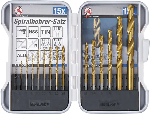 BGS-50815 HSS-Spiralbohrer-Satz titan-nitriert 1,5 - 10 mm 15-tlg.