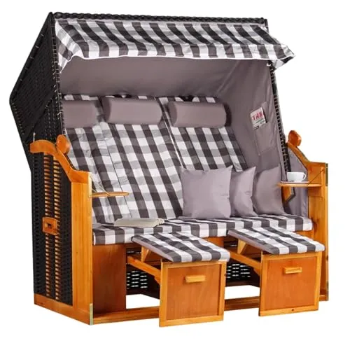 MR. DEKO® Strandkorb Ostsee XXL | Volllieger Strandstuhl Liegestuhl | Dreisitzer PE Geflecht Schwarz inkl. 6 Kissen | Strandkörbe aus Hartholz, Garten, Wintergarten und Terrasse (Dessin Grau Kariert)