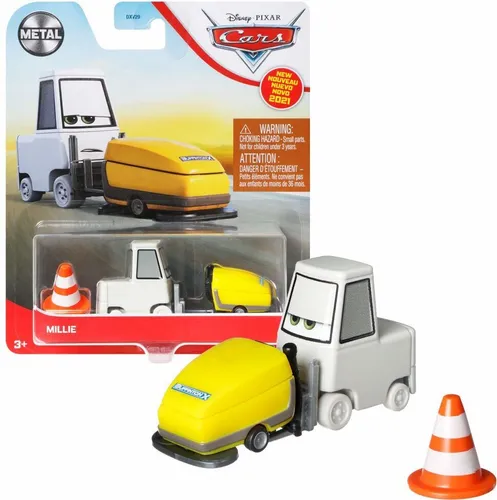 Mattel GRR73 Disney Pixar Cars 3 Millie Gabelstapler Grau, Wischmaschine Gelb, Verkehrskegel Spielzeugauto Modell Fahrzeug Actionauto Maßstab 1:55