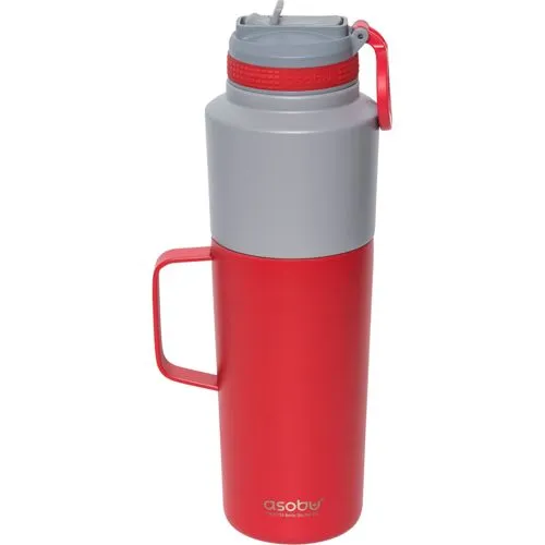 Asobu Twin Pack Bottle with Mug Rot, 0.9 L + 0.6 L - Thermobehälter mit praktischer Isolierung, hält Getränke lange warm oder kalt – ideal für unterwegs mit Ausgießer und Tragegriff.