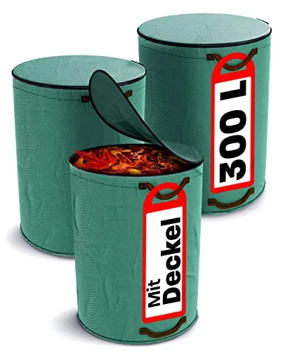 Praknu 3x Gartenabfallsack 300 Liter mit Deckel - Gartenabfallsäcke aus robustem Polypropylen, verschließbar mit 4 reißfesten Griffen für einfachen Transport und wiederverwendbar über mehrere Saisons.