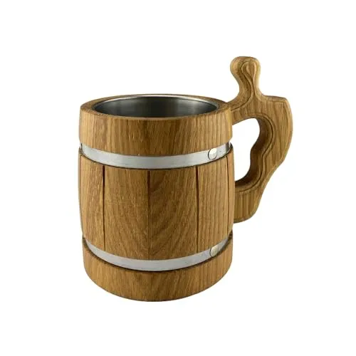 Waldmeister - Holz Bierkrug - Krug aus Eiche - Hochglanz - Edelstahl Einsatz - 0,5 Liter - Robust - strapazierfähig - langlebig