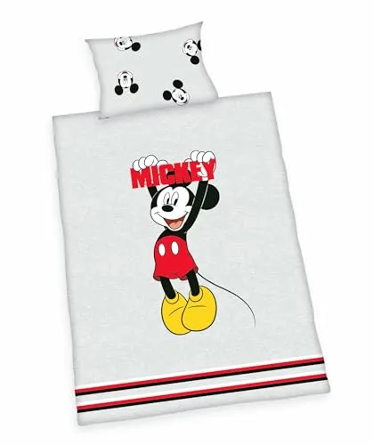 Herding Kinder Renforce Baby Bettwäsche 2 TLG. 100x135cm Disney Mickey Mouse Grau Schwarz Rot Reißverschluss