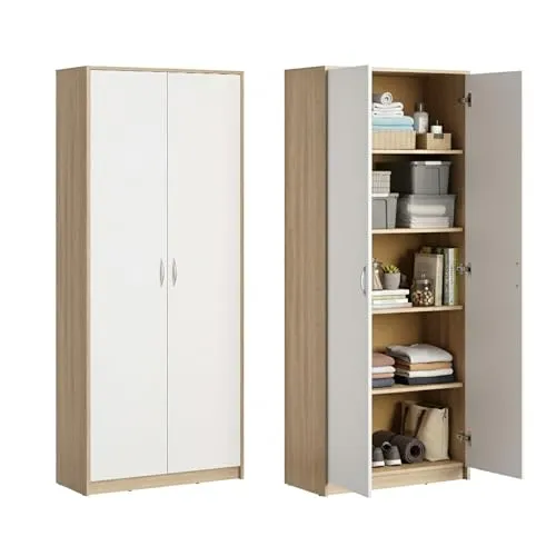 Aktenschrank mit 5 Fächern - Moderner Mehrzweckschrank in Sonoma Weiß - Bücherregal mit 4 Einlegeböden und 2 Türen, bietet geräumigen Stauraum und ist aus robuster Laminatplatte gefertigt. Die matte Oberfläche und hochwertigen Polymergriffe sorgen für ein elegantes Design.