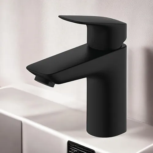 hansgrohe Logis Waschtischarmatur - Mattschwarz, energiesparend - Touch-On-Wasserhähne für Badezimmerwaschbecken mit elegantem SoftCube-Design und wassersparender EcoSmart-Technologie, ideal für umweltbewusste Nutzer.