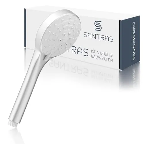 SANTRAS® Handbrause mit 3-fach verstellbarem Duschkopf in Velourchrom - Erleben Sie mit der SANTRAS® Handbrause drei kraftvolle Strahlarten für ein individuelles Duscherlebnis. Die selbstreinigenden Düsen sorgen für Hygiene, während die einfache Montage ohne Werkzeug gelingt.