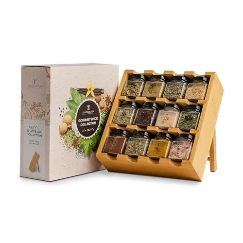 TILZ GEAR Gewürzset Holz Gewürzregal mit Gewürzen inklusive Freistehende Nachfüllung Kräuter-Gewürzmischung mit 12 Gewürzen zum Kochen Gewürzset Kleine Geschenke für Frauen