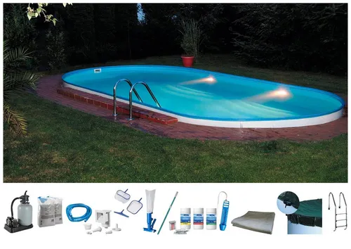 my POOL BWT Ovalpool PREMIUM Komplett-Set mit blauer Innenfolie, 10-tlg. - Ovales Stahlwandbecken mit 120 cm Höhe, inklusive Sandfilteranlage und Zubehör. Ideal für entspannte Badezeiten im eigenen Garten. Robuste Qualität und einfache Montage.