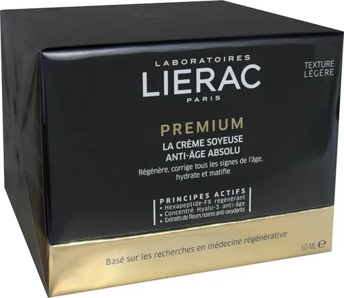Lierac Premium Die Seidige Creme - Medizinische Körperpflege, korrigiert alle Zeichen der Hautalterung und verleiht ein mattierendes Finish mit einem zarten Blumenduft.