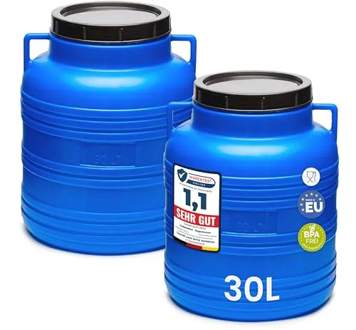 Garronda Set 2x 30 Liter Weithalsfass - BPA-frei Futtertonne - Set aus 2 robusten 30L Fässern, BPA-frei und ideal zur sicheren Aufbewahrung von Lebensmitteln, Regenwasser oder als Transportbehälter. Vielseitig einsetzbar für Haus, Garten und Werkstatt.