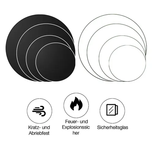 Melko Glastisch Kaminglas Bodenplatte Rund - ESG Sicherheitsglas - Runde Bodenplatte aus gehärtetem Sicherheitsglas, ideal als Tischplatte oder zum Schutz vor Kamin- und Herdhitze. Robuste, kratzfeste Oberfläche in Klarglas oder Schwarz.