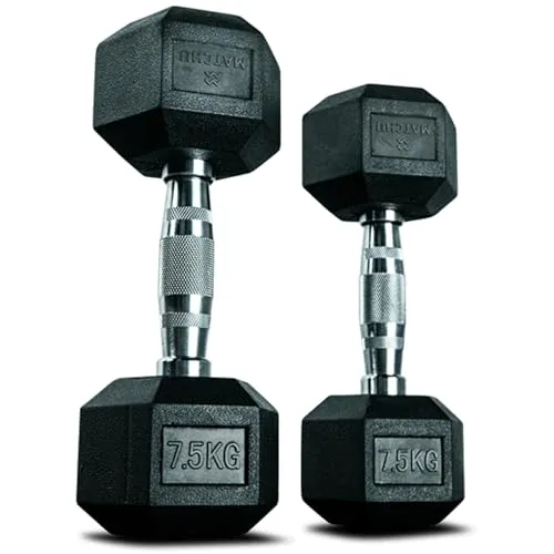 MATCHU - Hexagon Hantel - Hexagon Dumbbells - Hexagon Kurzhanteln Set - 7.5 KG - Satz Von 2 - Gummi - Verchromter Griff - Schwarz
