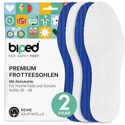 biped 2 Paar Barfußsohlen - Frottee Einlegesohlen aus Baumwolle und weichem Aktivkohle Latexschaum - Waschbare Schuheinlagen gegen Fuß Geruch - Für hygienische Frische im Schuh z2770(39)