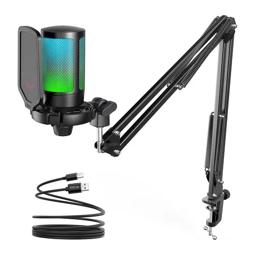 FIFINE Gaming Mikrofon PC mit Arm - USB Microphone Kit - Mikrofon für PC und Konsolen mit Stummschalttaste und RGB-Beleuchtung. Ideal für Streaming und Gaming, bietet eine hohe Sprachqualität und einfache Handhabung.