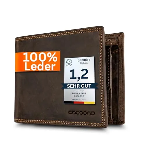 Cocoono Geldbörse aus Echtleder mit RFID-Schutz – Klassisches Portemonnaie/Geldbeutel Herren mit Münzfach, Reißverschlussfach & Kartenfächern – Robustes Leder Portmonee Herren in (Braun, 12cm)
