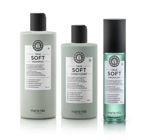 Maria Nila True Soft Set - Shampoo 350 ml, Conditioner 300 ml & Arganöl 100 ml - Hochwertiges Pflege-Set für geschmeidiges Haar. Mit Arganöl für zusätzliche Feuchtigkeit und Pflege. Ideal für alle Haartypen.