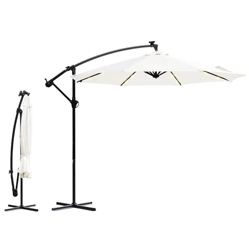 Sekey LED Solar Ampelschirm 300cm LED Sonnenschirm-Solarbetrieben - UV50+ Sonnenschutz - Robust und Stabil für den Gartenn Creme