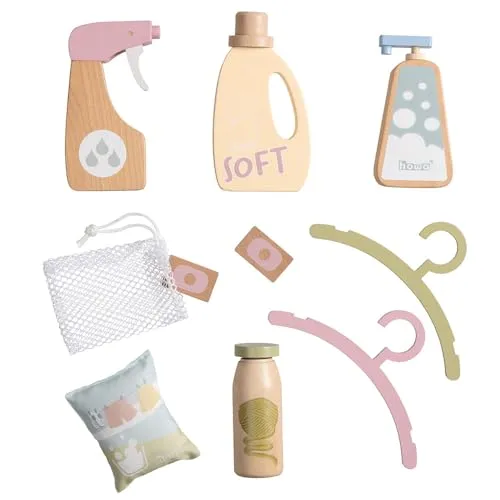 howa Kinderwaschmaschine Zubehör Wäschepflege Set 10 TLG. - Haushaltsspielzeug für saubere Puppenkleidung – das 10-teilige Wäschepflege-Set aus Holz bietet alles, was kleine Hausfrauen brauchen, um ihre Wäsche zu waschen und zu pflegen.