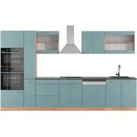 Vicco Küchenzeile R-Line, 350 cm in Blau-Grau und Goldkraft Eiche - Küchenzeilen mit höhenverstellbaren Füßen für optimale Anpassung, bietet viel Stauraum und ist ideal für moderne Küchen.