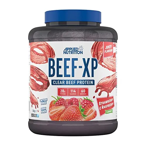 Applied Nutrition Beef XP – Hydrolysiertes Beef Protein Isolat (1.8kg, Strawberry & Raspberry) - Milchfreies Proteinpulver für Muskelaufbau: Hoher Proteingehalt von 27,7 g pro Portion. Ideal für Laktoseintolerante und als kohlenhydratarme Option. Leckere Geschmacksrichtungen für ein schmackhaftes Getränk.