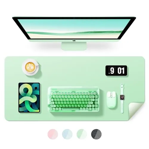 BUBM Schreibtischunterlage 90x43cm, Premium Leder Mauspad, Rutschfeste Tischunterlage Schreibunterlage, Multifunktionales Office Mousepad Schreibtisch Zubehör für Büro & Homeoffice(Grün)