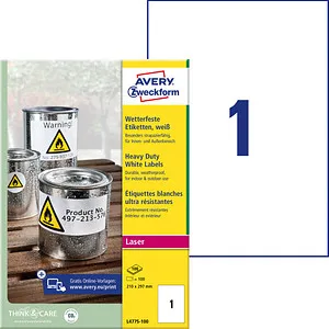 Zweckform Folienetiketten L4775-100 - Wetterfest & Robust - Folienetiketten in A4 (210 x 297 mm), wetterfest, reißfest und abwaschbar. Ideal für Laserdrucker, mit starker Haftung und geeignet für den Außenbereich.