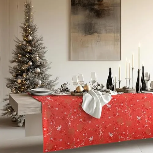 KP HOME Rote Abwischbar Weihnachtstischdecke 140x140 cm – Quadratisch & Wasserfest – PVC Wachstuch Mit Goldenem Schneeflocken-Print, Pflegeleicht und Stilvoll für Weihnachten Tischdekoration
