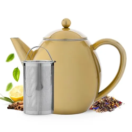 Vaja Trends | Teekanne | Edelstahl | Edelstahl Gold | Doppelwandig | 1,2 L | Tropft nicht | Hält den Tee lange heiß | Inklusive Filter | Schönes und funktionales Design