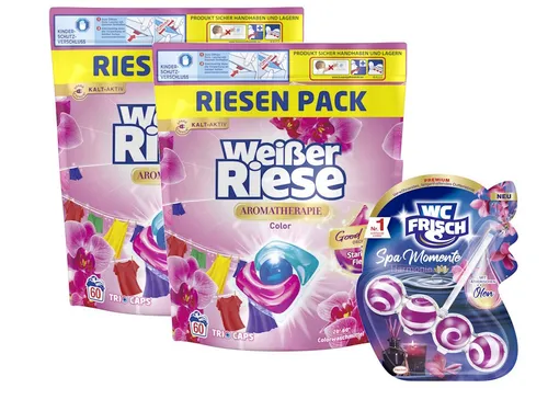 Weißer Riese Color Trio-Caps mit Orchidee & Macadamiaöl, 120 WL - für duftende Buntwäsche - Waschmittel & WC-Reiniger Set: Die Aromatherapie Caps bieten langanhaltenden Good Mood-Duft und sind besonders ergiebig, während der WC FRISCH Reiniger mit ätherischen Ölen Kalkablagerungen effektiv bekämpft.