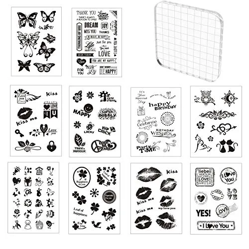 Scrapbooking Silikonstempel Set 10 Blätter Stempel Clear Set Seal Stamps Transparent Clearstempel Silikon Clear Stamp mit 1 Acryl Stempelblock 10x10cm für DIY Scrapbooking Dekorative Wiederverwendbar