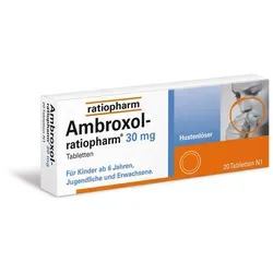 Ambroxol ratiopharm 30 mg Hustenlöser - 20 Tabletten - Rezeptfreier Hustenlöser von ratiopharm mit 30 mg Ambroxol pro Tablette, ideal zur Linderung von Husten und zur Unterstützung der Atemwege.