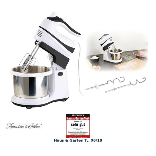 Rosenstein & Söhne Handrührgerät: Praktisches Handmixer-Set mit Rührständer - Handmixer mit 5 Geschwindigkeitsstufen und Turbo-Funktion für schnelles Mixen. Inklusive hochwertiger Edelstahl-Schüssel und ergonomischem Griff für müheloses Arbeiten in der Küche.
