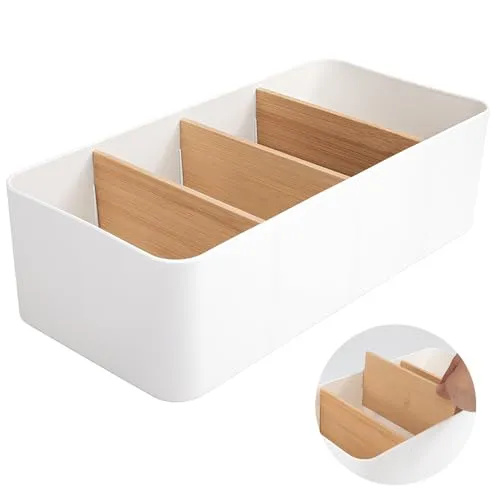 Jesustree Schreibtisch Organizer, 4 Fächer Bambus Büro Desk Fernbedienungshalter Stifthalter, Tisch Organizer Mehrzweck Aufbewahrungsbox für Stifte, Kosmetika, Smartphones, Weiß