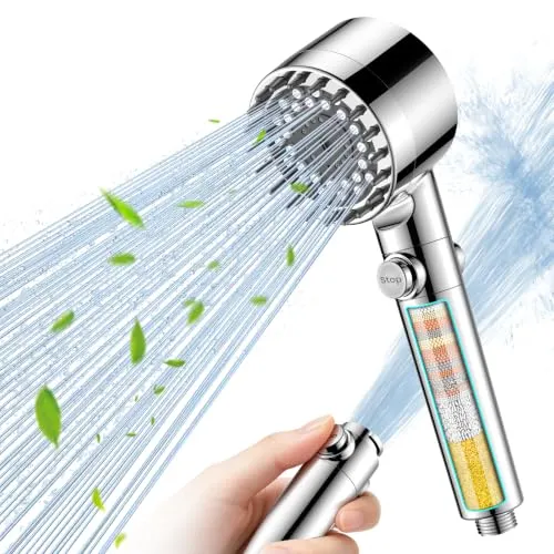 PWERAN Doppelfiltration Wassersparend Duschkopf mit 1.5m Schlauch,Hochdruck Handbrause mit Filter,5+1 Strahlarten,Gegen Kalk Brausekopf für Dusche,Rest-Chlor (Silber, 7, Liter pro Minute)