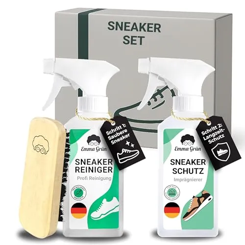 Emma Grün® Sneaker Cleaner Reinigungsset 250ml - Nachhaltiges Schuhputzset mit Bürste und Imprägnierspray - Schuhputzsets für die gründliche Reinigung und den Schutz deiner Sneaker. Enthält einen Reiniger, Bürste und Imprägnierspray für saubere und wasserabweisende Schuhe.