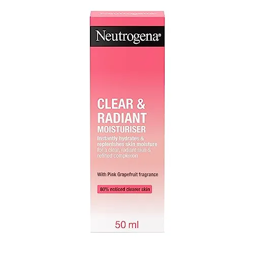 Neutrogena Clear & Radiant Moisturizer (1 x 50 ml), tägliche Gesichtscreme für trockene, zu Hautunreinheiten neigende Haut, erhebende ölfreie Feuchtigkeitspflege mit rosa Grapefruit-Duft, für eine