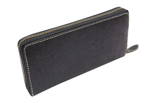 Damenlangbörse mit umlaufendem Reißverschluss - Vintage schwarz im Lilianen-Muster - Geldbörse für Damen, handgefertigt aus Leder, mit RFID-Schutz und vielen Fächern für Karten und Bargeld. Ideal für stilbewusste Frauen.