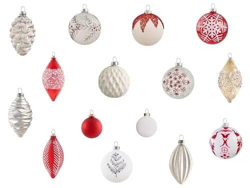 Christbaumschmuck 50er Set Glas rot/weiß handgemacht Weihnachtskugeln Snowflake