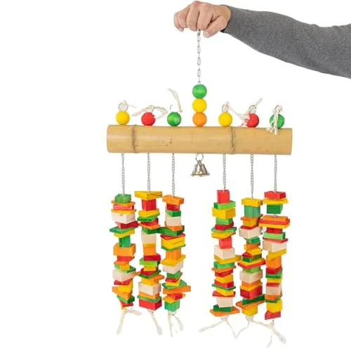 HappyBird Jumbo-Bamboo XL | Papageienspielzeug - Vogelspielzeug aus robustem Naturholz und Bambus, ca. 32 x 5 x 50 cm, für geistige und körperliche Aktivität Ihres Papageis mit einfacher Befestigung.