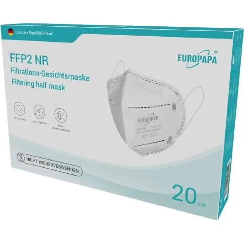 EUROPAPA® FFP2 Weiss Maske 5-Lagen Mundschutzmaske Stelle zertifiziert Atemschutzmasken hygienische Einzelverpackung EU 2016/425 (20 Stück x 2)