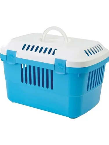 Discovery 1 Transportbox für Haustiere, 33x48x31 cm in Weiß/Blau - Hundeboxen für Katzen und Welpen bis 5 kg, mit optimaler Luftzirkulation und einfacher Handhabung für den Tierarztbesuch.