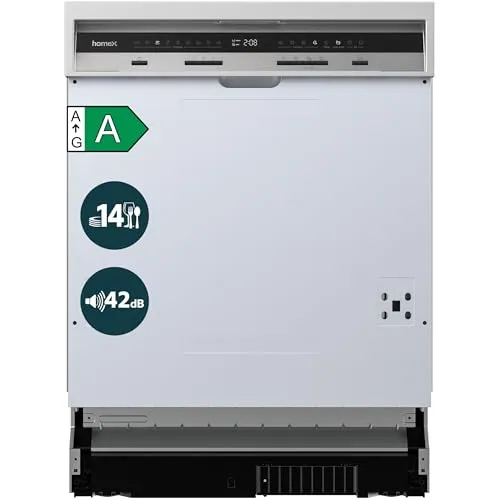 homeX DWSI601442A Geschirrspüler 60 cm – Teilintegrierbar mit 14 Maßgedecken und 9 Programmen