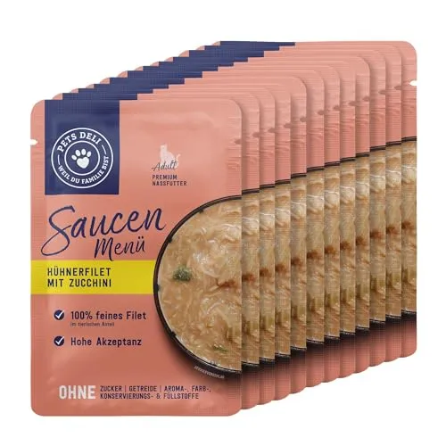Pets Deli Nassfutter für Katzen Saucen Menü mit Hühnerfilet und Zucchini ohne Zucker und Gluten 12 x 70g