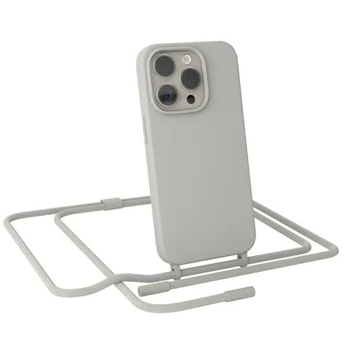 EAZY CASE - Handykette kompatibel mit iPhone 15 Pro - dünne Handyhülle Hülle mit Band als Fallschutz Kette zum Umhängen stoßeste Hülle Silikon mit Mikrofaser in Taupe