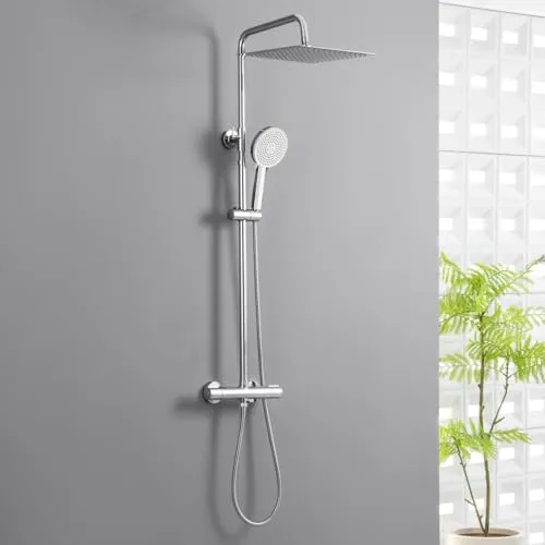 Auralum Duscharmatur Komplettset, Edelstahl Duschsystem mit Thermostat Armatur, 30x30 CM Regendusche, 5 Strahlarten Duschkopf und Höhenverstellbarer Duschstange 88-124cm,Thermostat Duschset Chrom