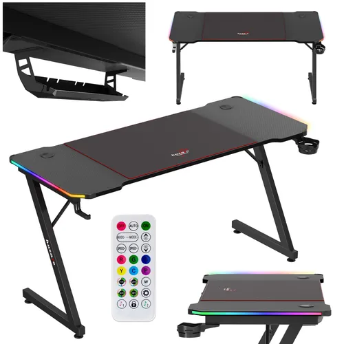 huzaro Hero 3.3 RGB | LED Gaming PC Tisch Schreibtisch | Inklusive Mauspad | Kopfhörerhaken Getränkehalter | Kabelorganisator | 140x60cm | Schwarz