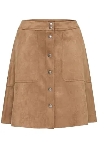 OXMO OXJune Damen Rock A-Linien-Rock Midirock mit Druckknöpfen Eingrifftaschen elastisch A-Linie, Größe:42, Farbe:Sepia Tint (171314)